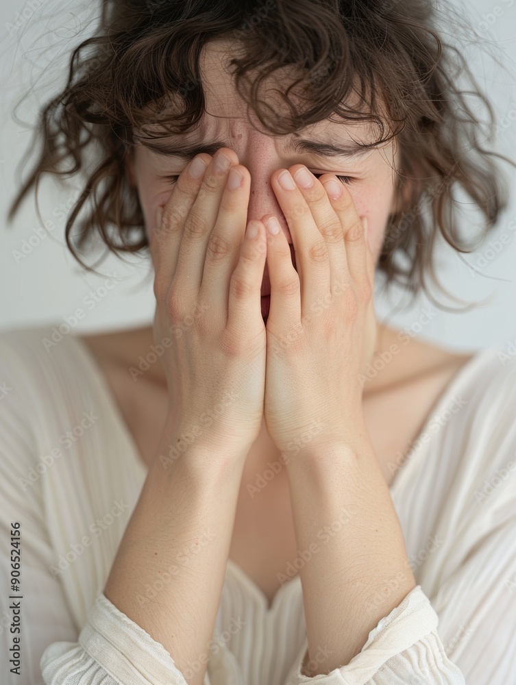 Overcoming Grief - Portrait of a Tearful Woman with Hands on Face Showing Deep Sadness and Emotional Pain in a Magazine Style Layout