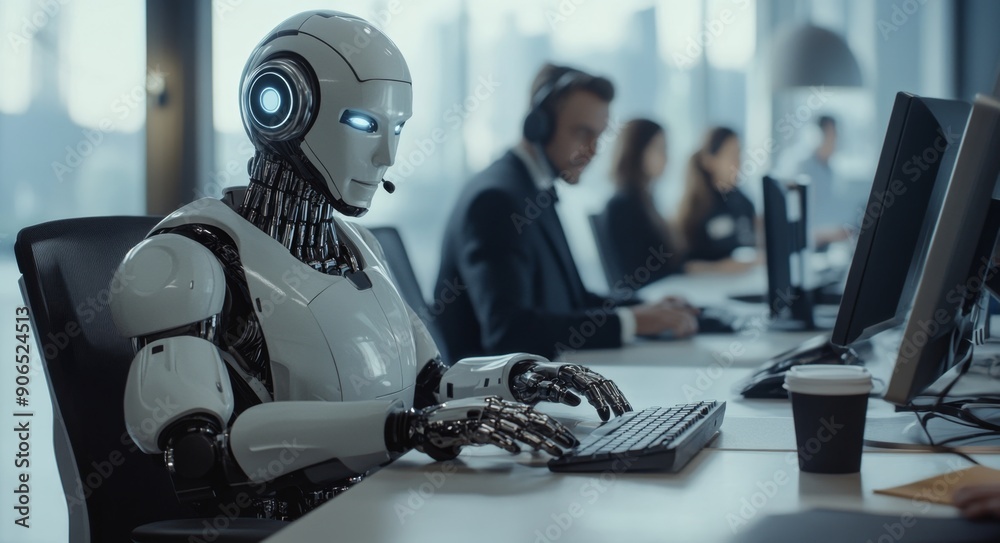 Naklejka premium A humanoid robot sitting at an office desk helping with automation, broad daylight workplace with people around it, artificial intelligence