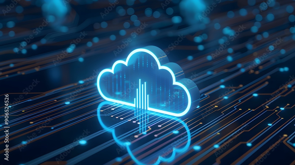 Futuristic cloud computing concept with digital technology background, representing data storage and network connections. Futuristic cloud computing concept with digital technology background, representing data storage and network connections.