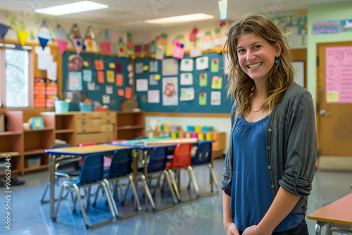 Organized Teacher Setting Up Classroom for New School Year  
