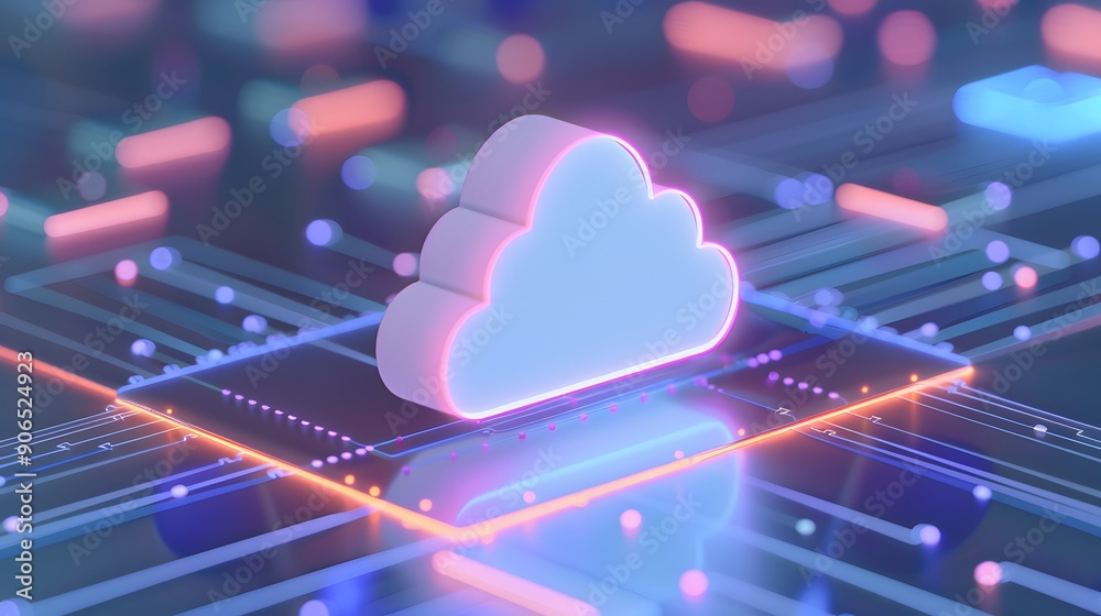 Futuristic cloud computing concept with glowing neon cloud icon on digital circuit board. High-tech and innovation in data technology.
