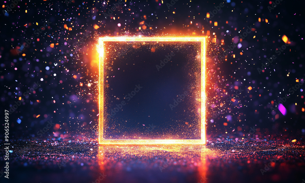 Obraz premium A glowing holographic frame with shimmering particles on a black background, ideal for cyberpunk and digital art themes.