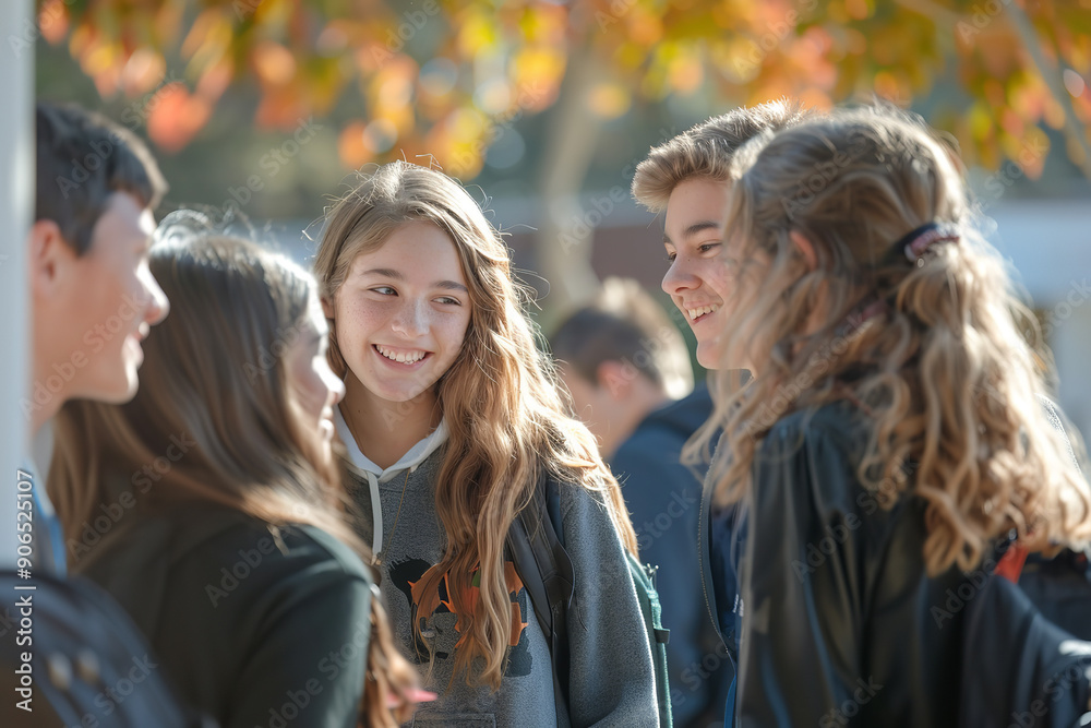 Diverse High School Students Gathering at Entrance During Fall  