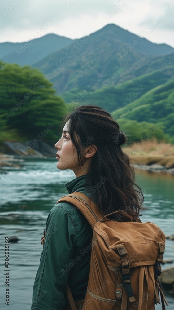a woman exploring nature is standing in front of the river while looking at the view a woman exploring nature is standing in front of the river while looking at the view