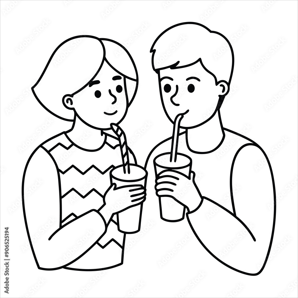 A couple sharing a milkshake with two straws line art vector A couple sharing a milkshake with two straws line art vector