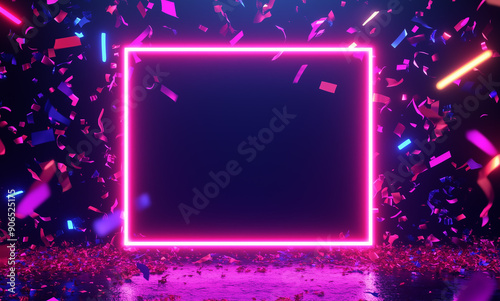 A neon coral frame with cascading confetti on a dark background, perfect for festive and celebration visuals.