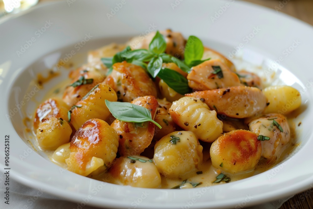 Baked gnocchi with chicken in a creamy sauce on a white plate, Italian, pasta, potato, dumplings, baked, chicken Baked gnocchi with chicken in a creamy sauce on a white plate, Italian, pasta, potato, dumplings, baked, chicken