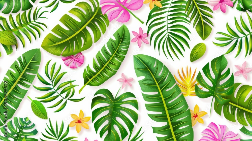 Fototapeta premium Fabric background, tropical leaves pattern, flat design illustration