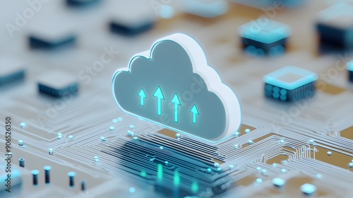 Futuristic cloud computing technology represented by a digital cloud with data transfer on a circuit board.