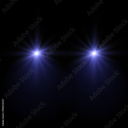 Vector light from the headlights PNG. Light from the headlights of a car on an isolated transparent background. Round headlights, blue light PNG. Road lighting. PNG