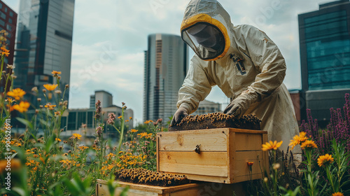 A bee farmer in a full protective suit is managing beehives located in an urban apiary filled with flowering plants and city buildings in the background.