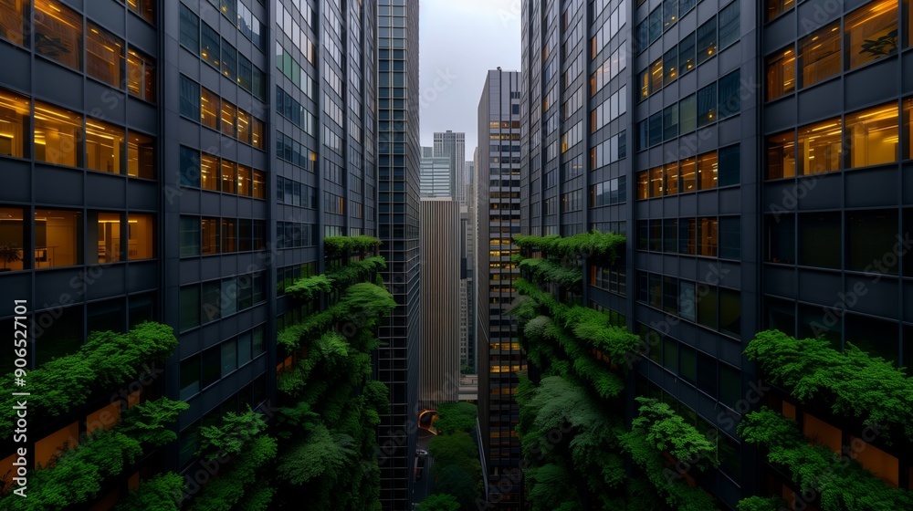 Lush greenery contrasts with modern buildings in a vibrant urban setting Lush greenery contrasts with modern buildings in a vibrant urban setting