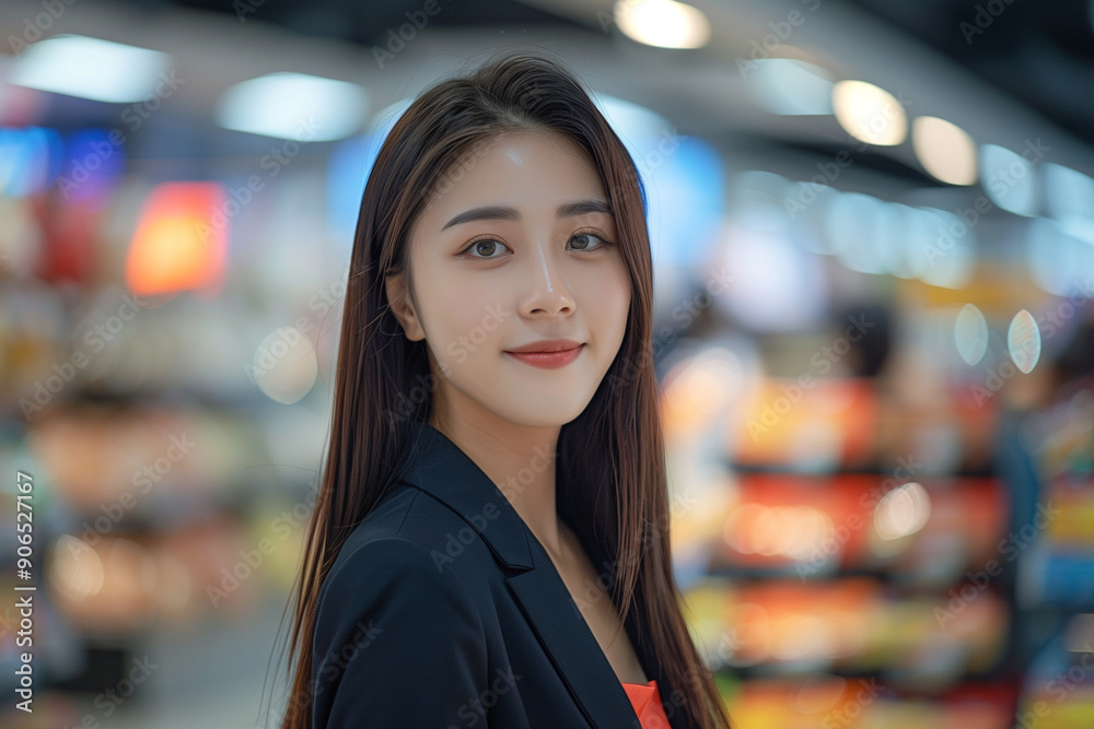 A confident Asian woman standing in a supermarket with a blurry background A confident Asian woman standing in a supermarket with a blurry background