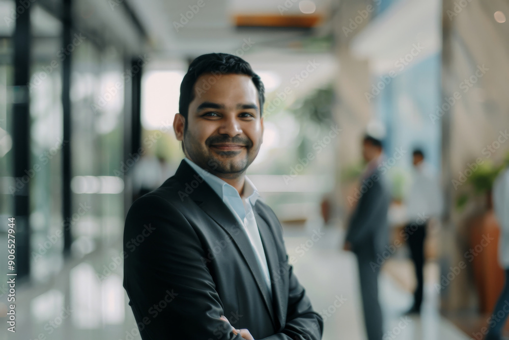A cheerful man in a black blazer poses confidently with his arms crossed in a bright, modern office setting. A cheerful man in a black blazer poses confidently with his arms crossed in a bright, modern office setting.