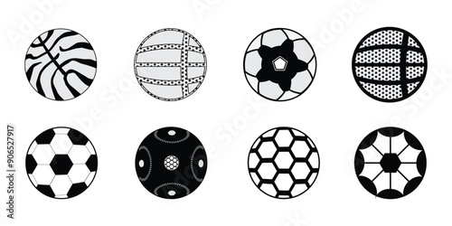 Set Of Sports game ball icon Collection. Soccer ball, Basketball, football Collection. Set 8 different ball. Classic soccer ball on isolated white background. outline icon. victor Illustration.