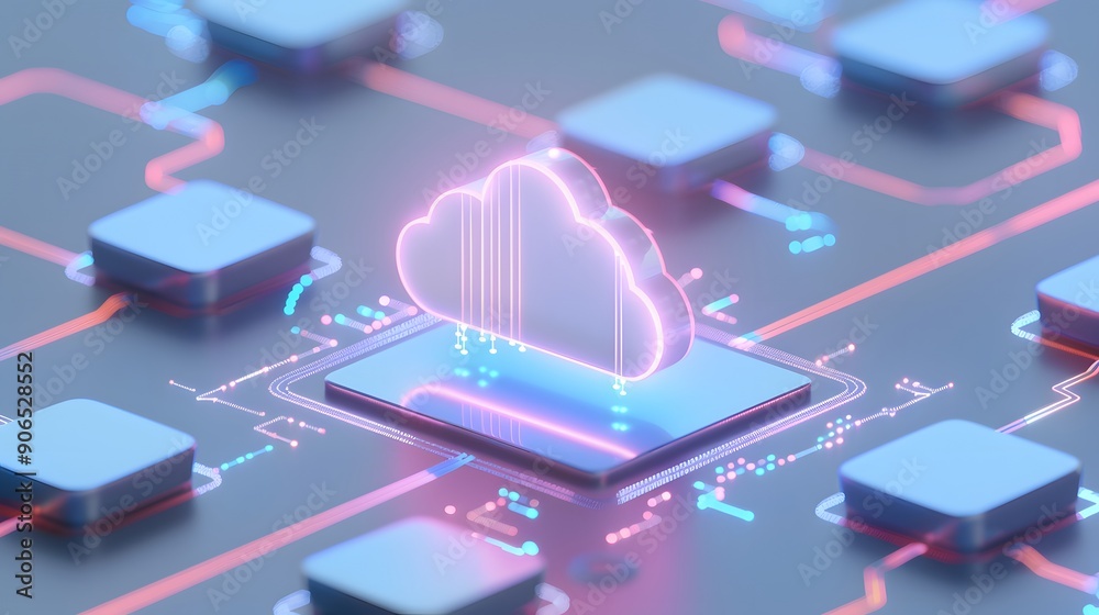 Futuristic glowing cloud icon on a microchip, representing cloud computing technology and digital data storage solutions. Futuristic glowing cloud icon on a microchip, representing cloud computing technology and digital data storage solutions.