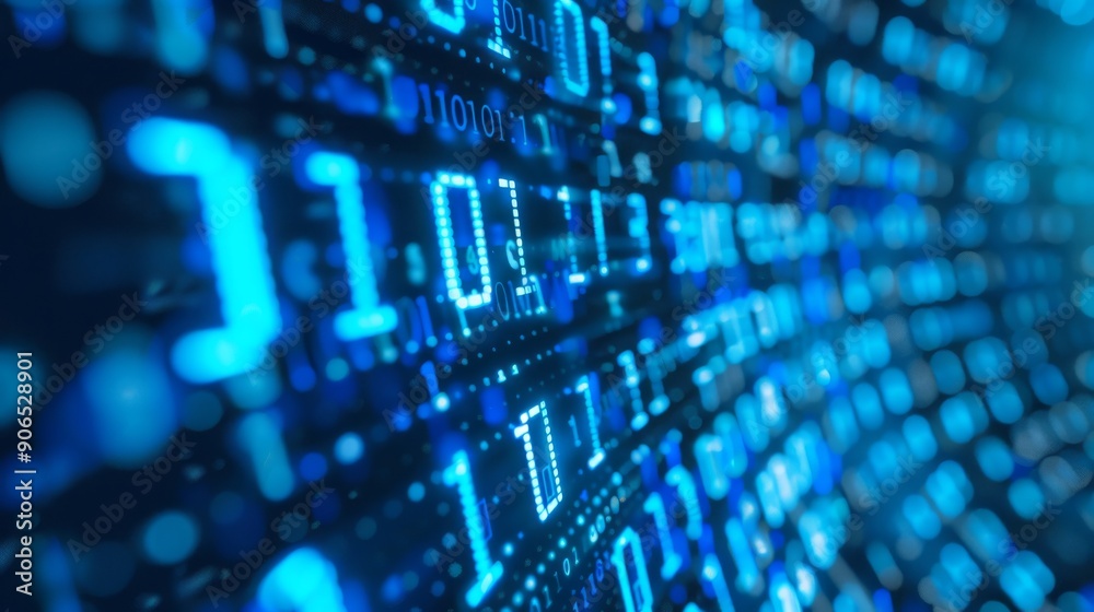 A computer screen displaying binary code in blue and white, with a bokeh effect and a detailed data flow in the foreground. High resolution and copy space for text complete the tech concept A computer screen displaying binary code in blue and white, with a bokeh effect and a detailed data flow in the foreground. High resolution and copy space for text complete the tech concept