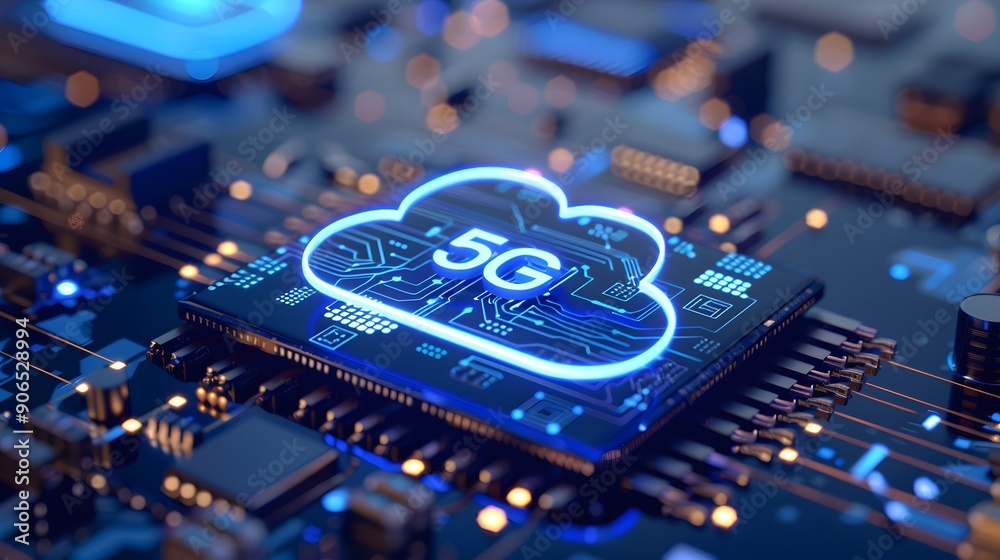Futuristic microchip with 5G technology integration on a circuit board, highlighting advanced connectivity in modern electronics. Futuristic microchip with 5G technology integration on a circuit board, highlighting advanced connectivity in modern electronics.