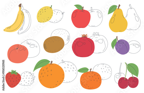 Set of fruits and berries in cartoon style. Edible tasty fruits. Tropical exotic refreshing food. Vector illustration