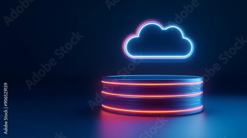 Futuristic neon cloud storage technology concept with glowing cloud icon and platform in a dark background. Digital data and cloud computing imagery.