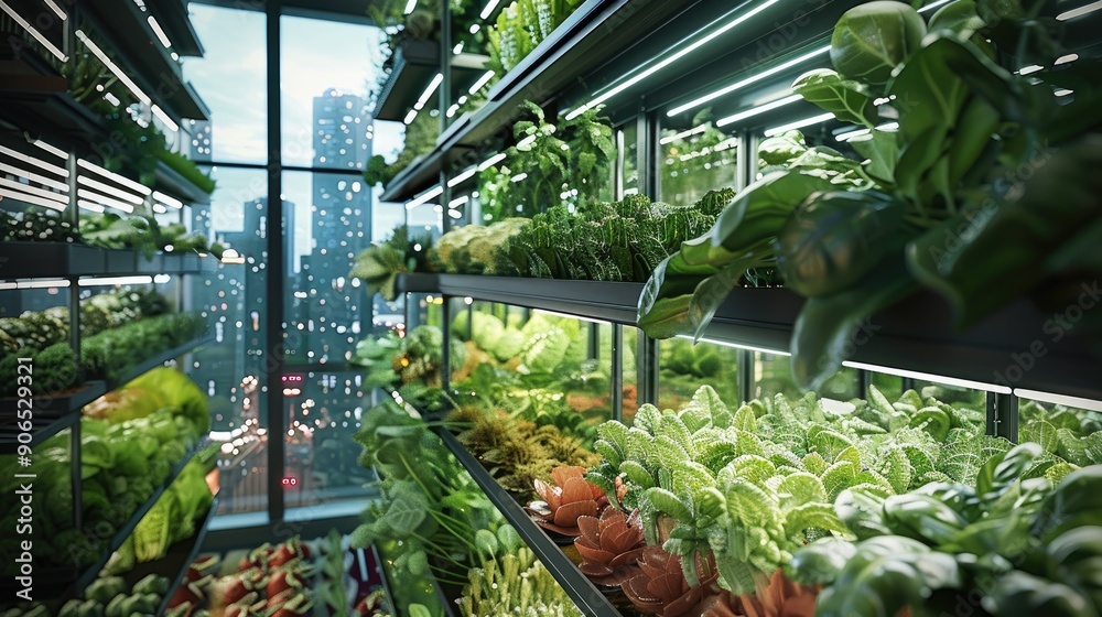 A vertical farm in a bustling city, growing vegetables under LED lights. Generative AI. A vertical farm in a bustling city, growing vegetables under LED lights. Generative AI.