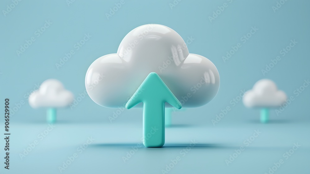 Minimalist cloud with an upward arrow symbolizing cloud computing, data storage, and technology in a blue background. Minimalist cloud with an upward arrow symbolizing cloud computing, data storage, and technology in a blue background.