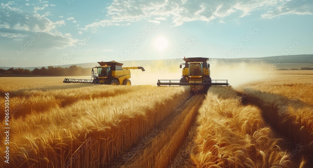 Fototapeta premium Two yellow harvesters working on a golden field during sunset