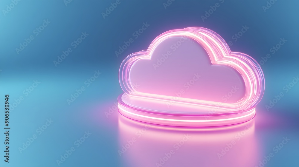 Neon pink cloud-shaped light on a blue background, representing digital technology and cloud computing in a modern style. Neon pink cloud-shaped light on a blue background, representing digital technology and cloud computing in a modern style.