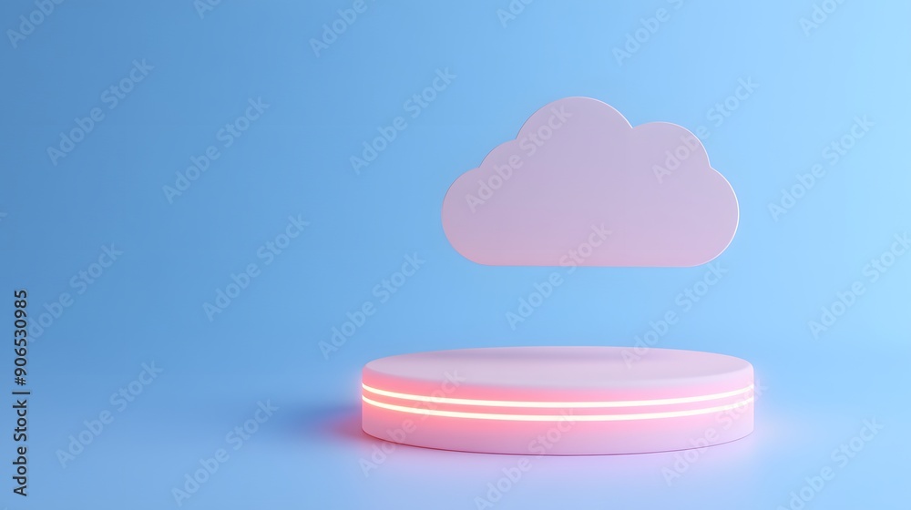 Pink cloud floating above a neon-lit pedestal on a blue background, representing technology, minimalism, and futuristic design. Pink cloud floating above a neon-lit pedestal on a blue background, representing technology, minimalism, and futuristic design.