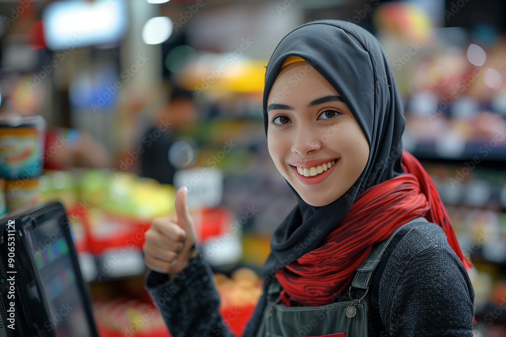 Closeup of Asian muslim woman standing in supermarket with thumbs up hand gesture Closeup of Asian muslim woman standing in supermarket with thumbs up hand gesture