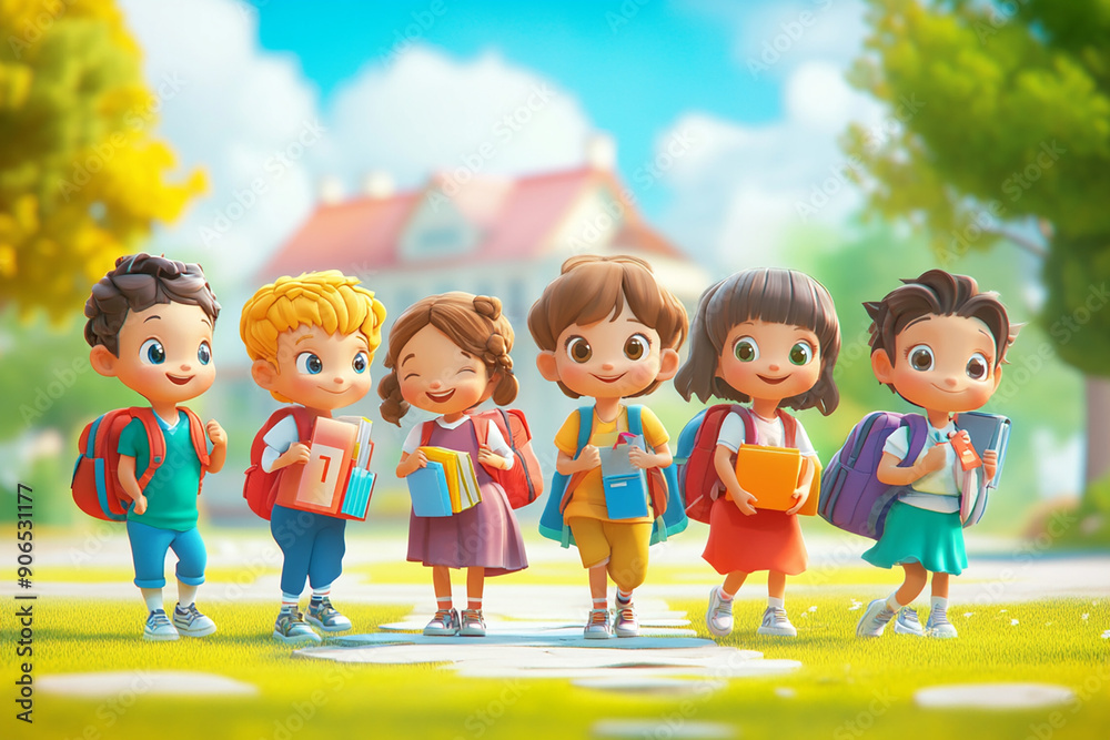 Happy kids going back to school, 3D cartoon style Happy kids going back to school, 3D cartoon style
