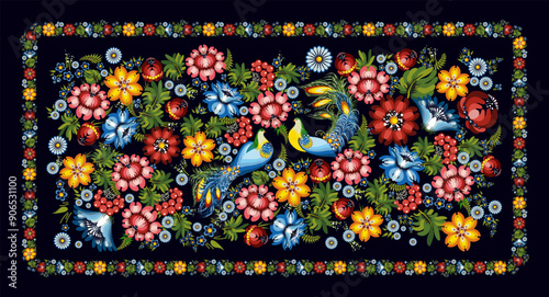 Ukrainian national artistic style "Petrykiv painting". Floral pattern. Scandinavian style. The concept of ecological agriculture, farming and poultry farming on a rectangular black background.