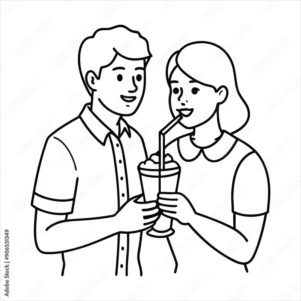 A couple sharing a milkshake with two straws line art vector A couple sharing a milkshake with two straws line art vector