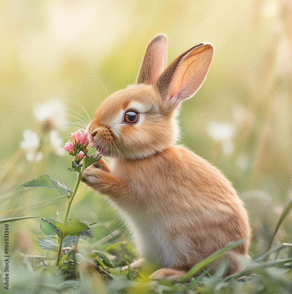 Obraz premium a cute bunny on a field eating a flower
