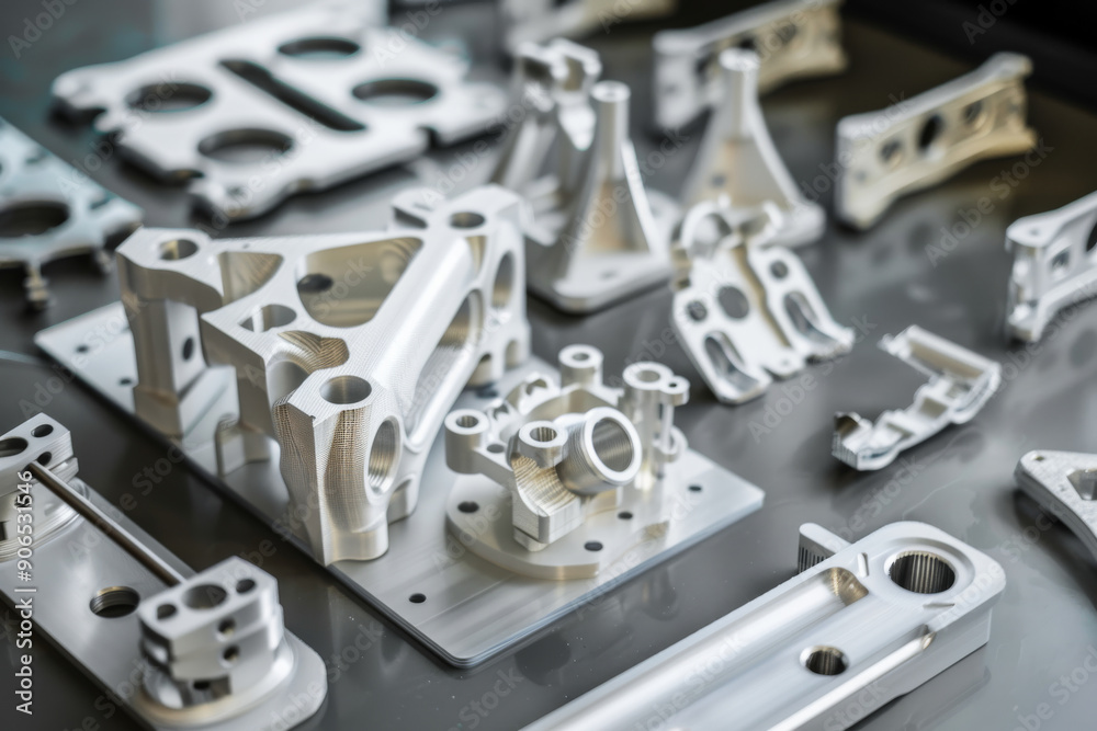 An assortment of precision-engineered aluminum parts displayed on a reflective surface, showcasing intricate machining and detailed craftsmanship. An assortment of precision-engineered aluminum parts displayed on a reflective surface, showcasing intricate machining and detailed craftsmanship.