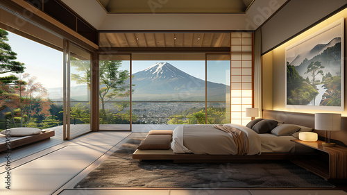 Minimalist bedroom with Mount Fuji from the bedroom window during spring