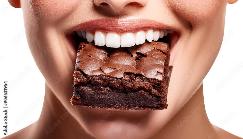 Close-up of a smiling woman enjoying a rich chocolate brownie, highlighting happiness and indulgence. Close-up of a smiling woman enjoying a rich chocolate brownie, highlighting happiness and indulgence.