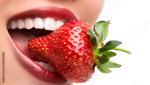 A woman playfully bites into a fresh strawberry, showcasing her bright smile and vibrant lips, perfect for food and lifestyle themes.