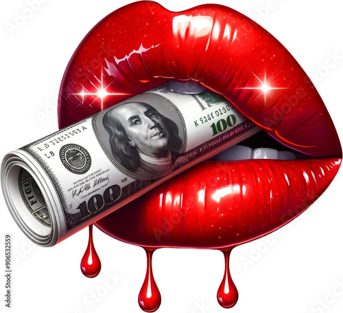 A red lip with a 100 dollar bill in it. The image is a creative and artistic representation of money