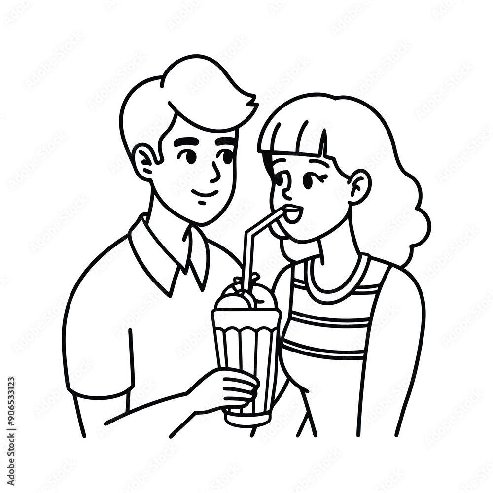 A couple sharing a milkshake with two straws line art vector A couple sharing a milkshake with two straws line art vector