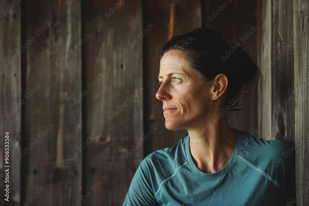 Fototapeta premium A contemplative woman in a blue shirt stands against a rustic wooden backdrop, gazing thoughtfully into the distance with a serene expression.