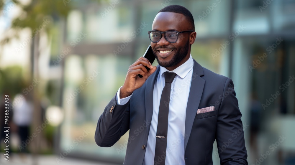 Focused African businessman in a suit talking on the phone outdoors Focused African businessman in a suit talking on the phone outdoors