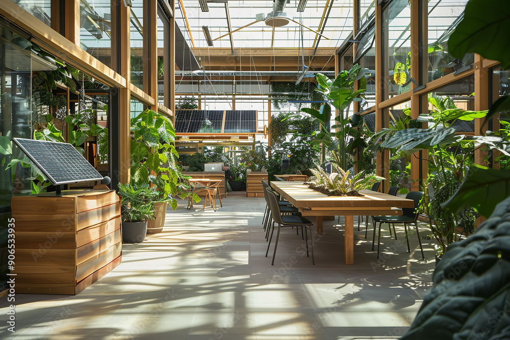 Eco-Friendly Open Office with Green Initiatives and Garden Views Eco-Friendly Open Office with Green Initiatives and Garden Views