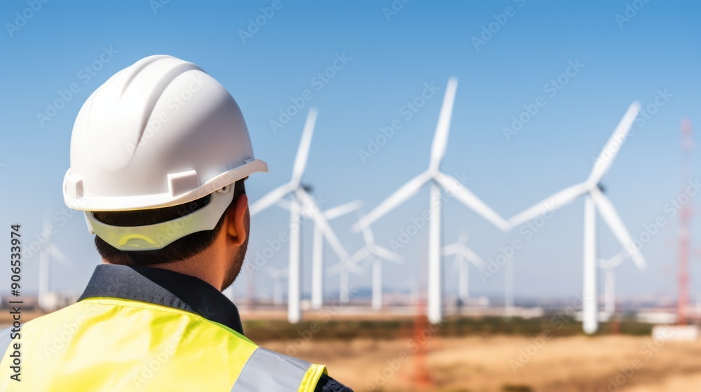 Male engineer with safety helmet at a renewable energy plant Male engineer with safety helmet at a renewable energy plant