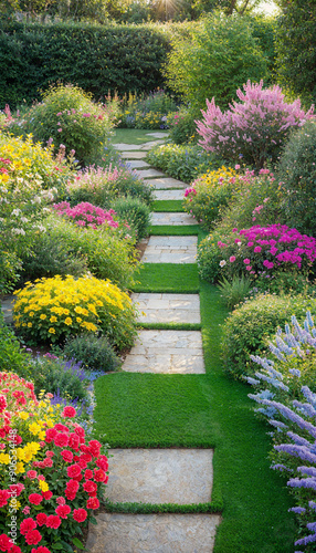 A garden with a stone path winding through it, surrounded by lush green grass and a variety of colorful flowers. In the background, tall trees and a bright blue sky can be seen.