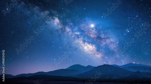 A night starry sky background featuring a vast expanse of dark sky filled with countless stars, a bright full moon illuminating the landscape below, and a silhouette of mountains in the distance,