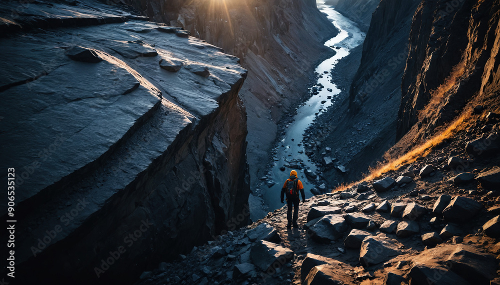 Fototapeta premium Cliff Enigmas in Rainy Winter: The Pathfinder's Sojourn Surrounded in Landslide