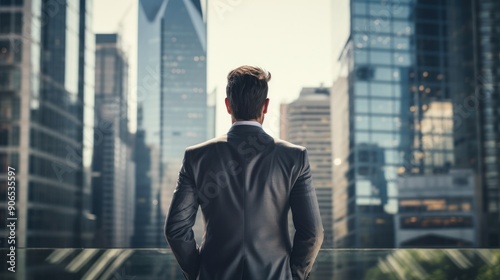  man in a suit against the backdrop of a skyscraper. 