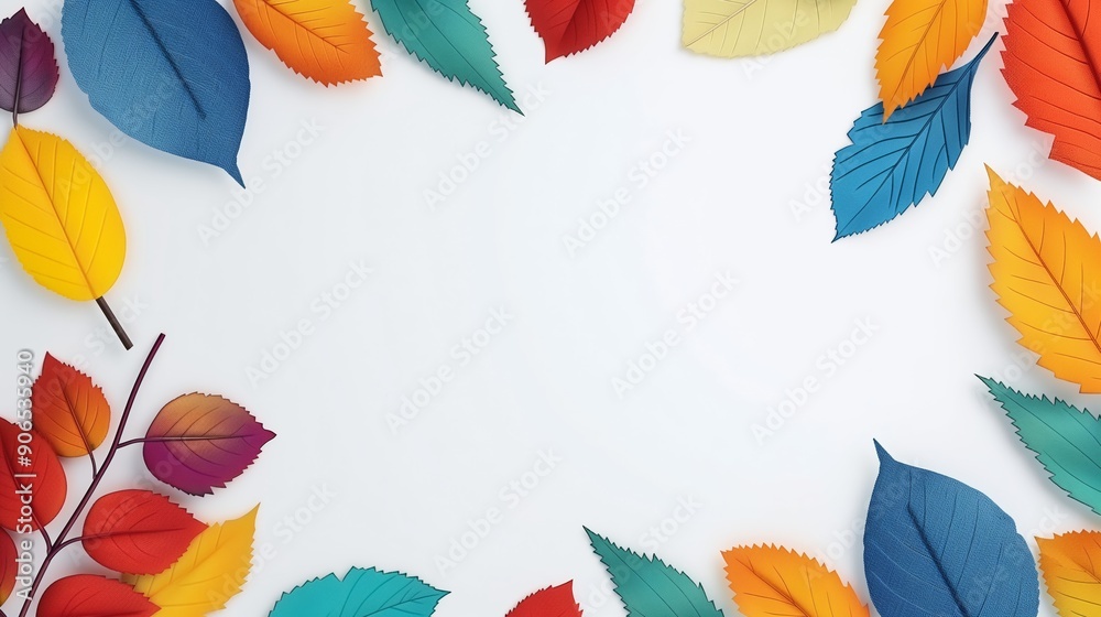 Fototapeta premium A colorful leafy border with a white background. The leaves are of different colors and sizes, creating a vibrant and lively atmosphere. The border adds a touch of nature and freshness to the image