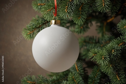Blank white new year ball hanging on christmas tree mockup, depth of field, 3d rendering. Empty pine branch with toy mock upBlank white new year ball hanging on christmas tree mockup, depth of field, 